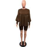 Solid Long Sleeve Folds Two Piece Shorts Set OMY-8100