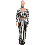 Sexy Striped V Neck Crop Top Pants Two Piece Sets OMY-8098