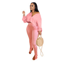 Fashion Casual Long Sleeve Top And Ruched Pants Sets  OMY-8072