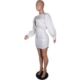 Sexy Long Sleeve Ruched White Mini Dress MK-3039