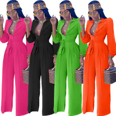 Plus Size Casual Shirt Collar Jumpsuit (With Belt) OMY-8074