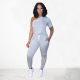 Plus Size SIngle Sleeve Top And Pants Casual Two Piece Set OMY-8058