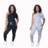 Plus Size SIngle Sleeve Top And Pants Casual Two Piece Set OMY-8058