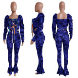 Camo Print Lace Up Top Flared Pants 2 Piece Sets NIK-196 