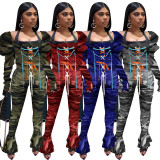 Camo Print Lace Up Top Flared Pants 2 Piece Sets NIK-196 