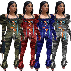 Camo Print Lace Up Top Flared Pants 2 Piece Sets NIK-196 