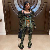 Camo Print Lace Up Top Flared Pants 2 Piece Sets NIK-196 