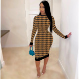 Plus Size 4XL Houndstooth Print Long Sleeve Midi Dress SFY-208