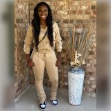 Casual Sports Splice Zipper Coat And Hem Split Trouser Two Piece Set XYF-9068