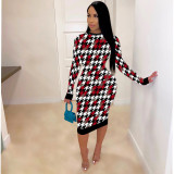 Plus Size 4XL Houndstooth Print Long Sleeve Midi Dress SFY-208