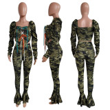 Camo Print Lace Up Top Flared Pants 2 Piece Sets NIK-196 