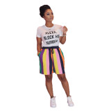 Casual Print T-shirt Striped Shorts Two Piece Set OMY-8022