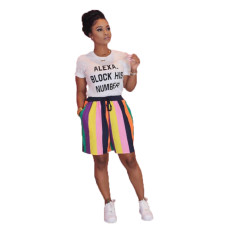 Casual Print T-shirt Striped Shorts Two Piece Set OMY-8022