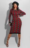 Plus Size 4XL Houndstooth Print Long Sleeve Midi Dress SFY-208