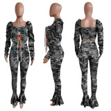 Camo Print Lace Up Top Flared Pants 2 Piece Sets NIK-196 