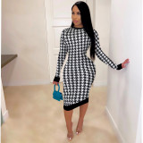 Plus Size 4XL Houndstooth Print Long Sleeve Midi Dress SFY-208