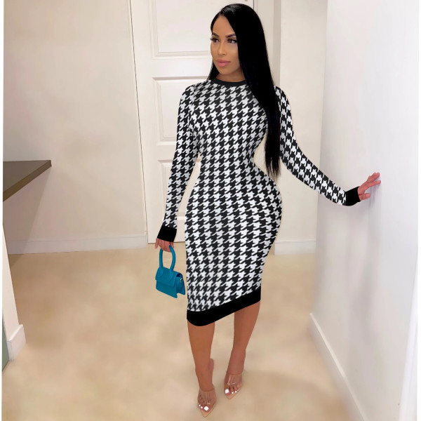 Plus Size 4XL Houndstooth Print Long Sleeve Midi Dress SFY-208