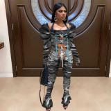 Camo Print Lace Up Top Flared Pants 2 Piece Sets NIK-196 