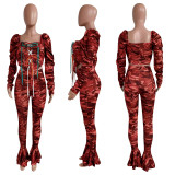 Camo Print Lace Up Top Flared Pants 2 Piece Sets NIK-196 