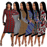 Plus Size 4XL Houndstooth Print Long Sleeve Midi Dress SFY-208