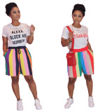 Casual Print T-shirt Striped Shorts Two Piece Set OMY-8022