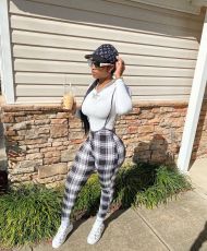 Plus Size T-shirt And Slim Plaid Print Sling Jumpsuit Two Piece Set CL-6101