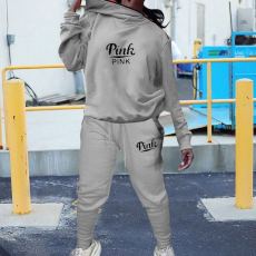 Plus Size Pink Letter Print Casual Two Piece Pants Set LP-6262