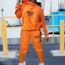 Plus Size Pink Letter Print Casual Two Piece Pants Set LP-6262