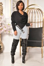 Solid Long Sleeve Irregular Patchwork Belt Tops BLX-7550