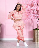 Casual Solid Ruffled Hooded Two Piece Sets NM-8333
