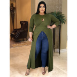 Plus Size 5XL Solid Color Sexy Hollow Out Split Long Top ASL-7008