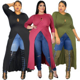 Plus Size 5XL Solid Color Sexy Hollow Out Split Long Top ASL-7008