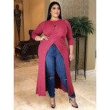 Plus Size 5XL Solid Color Sexy Hollow Out Split Long Top ASL-7008