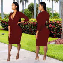 Sexy Solid Long Sleeve Slim Midi Dress SMR-9964