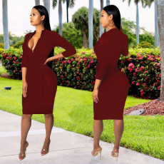 Sexy Solid Long Sleeve Slim Midi Dress SMR-9964