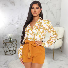 Plus Size Chain Print Long Sleeve Shirt Tops SMR-9894