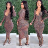 Sexy Printed V Neck Slim Midi Dress SMR-9943