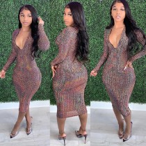 Sexy Printed V Neck Slim Midi Dress SMR-9943