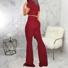 Solid Short Sleeve Flared Pants Two Piece Suits SMR-9917
