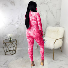 Sexy Tie Dye Zipper Long Sleeve Jumpsuit With Mask SMR-9870
