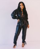 PU Leather Long Sleeve Two Piece Pants Set MA-376