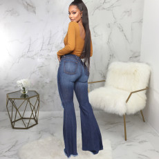 Plus Size Denim High Waist Hole Flared Jeans HSF-2392