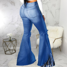 Plus Size Denim Hole Mid Waist Stretch Tasse Flared Jeans HSF-2383