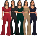 Solid Short Sleeve Flared Pants Two Piece Suits SMR-9917