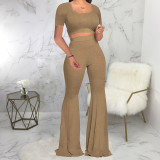 Solid Short Sleeve Flared Pants Two Piece Suits SMR-9917