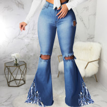 Plus Size Denim Hole Mid Waist Stretch Tasse Flared Jeans HSF-2383