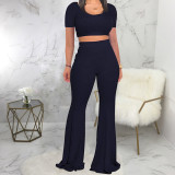 Solid Short Sleeve Flared Pants Two Piece Suits SMR-9917