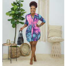 Plus Size Tie Dye Long Sleeve Casual Shirt Dress SMR-9947