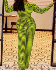 Houndstooth Print Long Sleeve One Piece Jumpsuit MEI-9133
