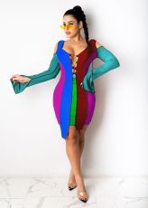 Color Block Bandage Cold Shoulder Irregular Dress SXF-1194